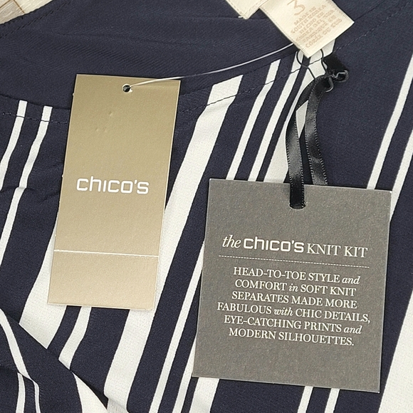 Chicos Knit Kit Stripe Variance Topper Size 3 Large Banded Hem Shirred Navy NWT - Picture 5 of 15
